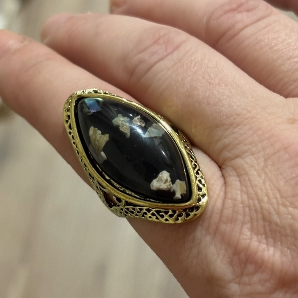 Black Fossil Gemstone Ring – Gold Plated Vintage Boho Statement Jewelry